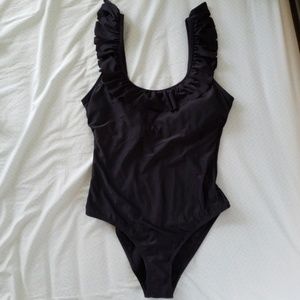 Black one piece bathing suit ruffles low back sz M